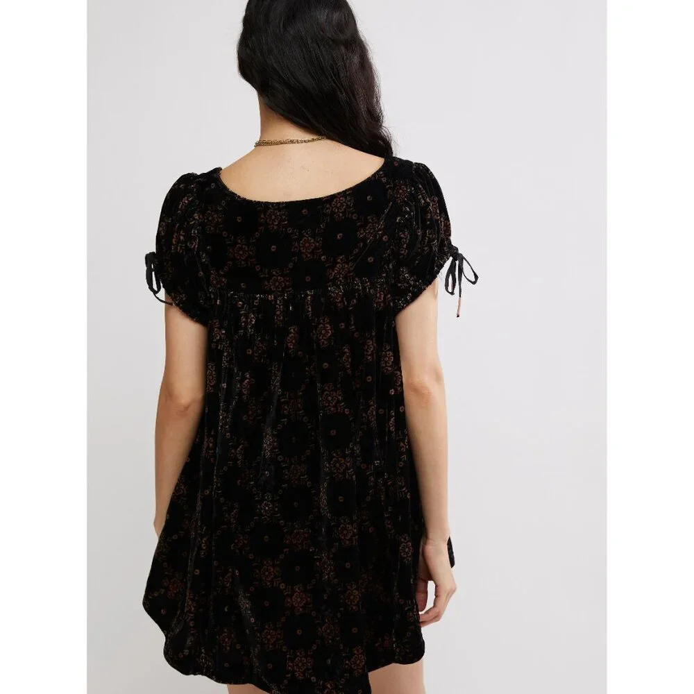 FP Velvet Short Sleeve Square Neck Mini Dress - Black with Metallic Print - Picture 6 of 16
